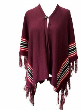 Curations Caravan Womens Burgundy Knit Poncho Cape Fringe Boho Westerrn One Size